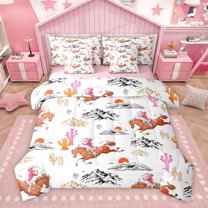 Homewish Pink Western Cowgirl Twin Bedding Sets 7-Piece for Kid, Farmhouse Horse Animal Bedding Comforter Set, Cartoon Cactus Plant Reversible Sheet Sets, Luxury Bedroom Decor