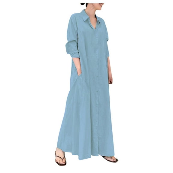 Linen Casual Maxi Dress Women Long Sleeve Lapel Pocket Shirt Dress Comfortable Relaxed Fit Stylish Versatile Outfit