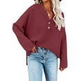thumbnail image 4 of Zedker Casual Women'S Solid Color Button Mock Neck Long Sleeve Pointelle Knitted Sweaters, Comfy Loose Pullover Tops for Fall,Wine,S, 4 of 4