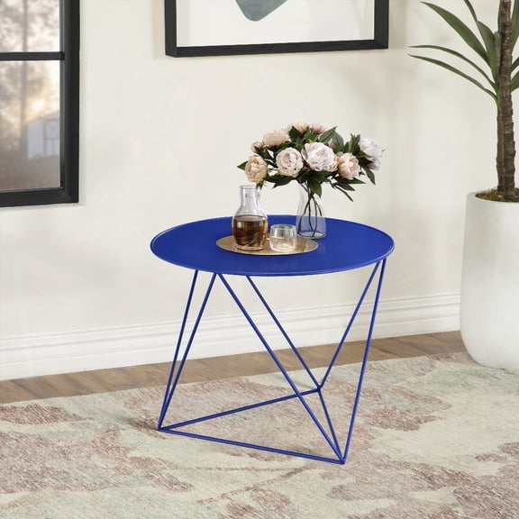 Blue Geometric Metal Base Accent Table for Various Activities