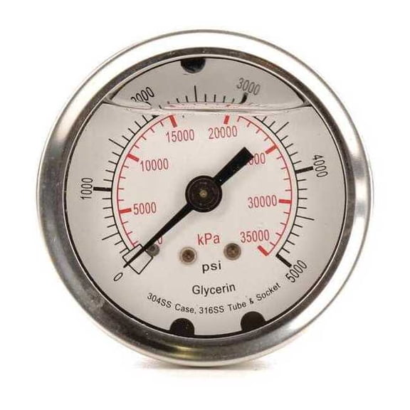 Commercial Pressure Gauge, 0 to 5,000 psi, 2 in Dial, 1/4 in NPT, Center Back Location