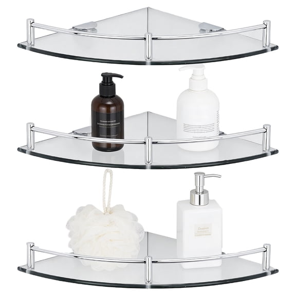 3-Tier Glass Corner Shower Shelves, 9.4 in Compact Bathroom Corner Shelves with Black Frame, Wall Mounted Shelves with Glass, Rustproof Metal, Easy to Install