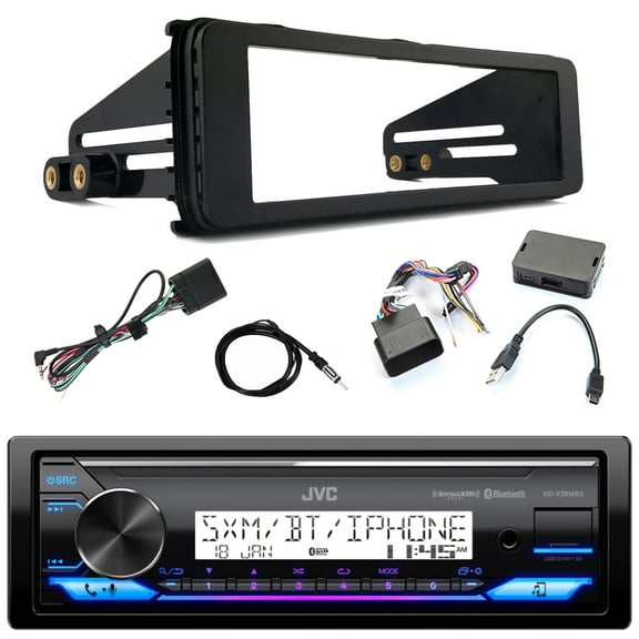 JVC KD-X38MBS Single DIN Marine MotorSports Bluetooth USB AUX LED Illumination AM/FM Radio Stereo SiriusXM Ready Amazon Alexa Receiver, iDataLink Harley Wiring Interface Kit, Dash Kit, Radio Antenna