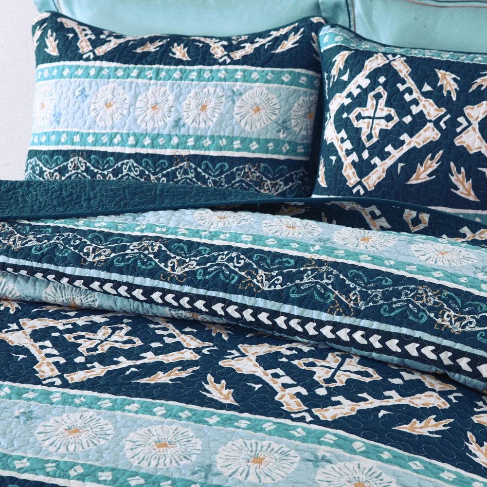WannaToo Quilt King Size Comforter Cotton Bedding Set With Shams, Navy Blue