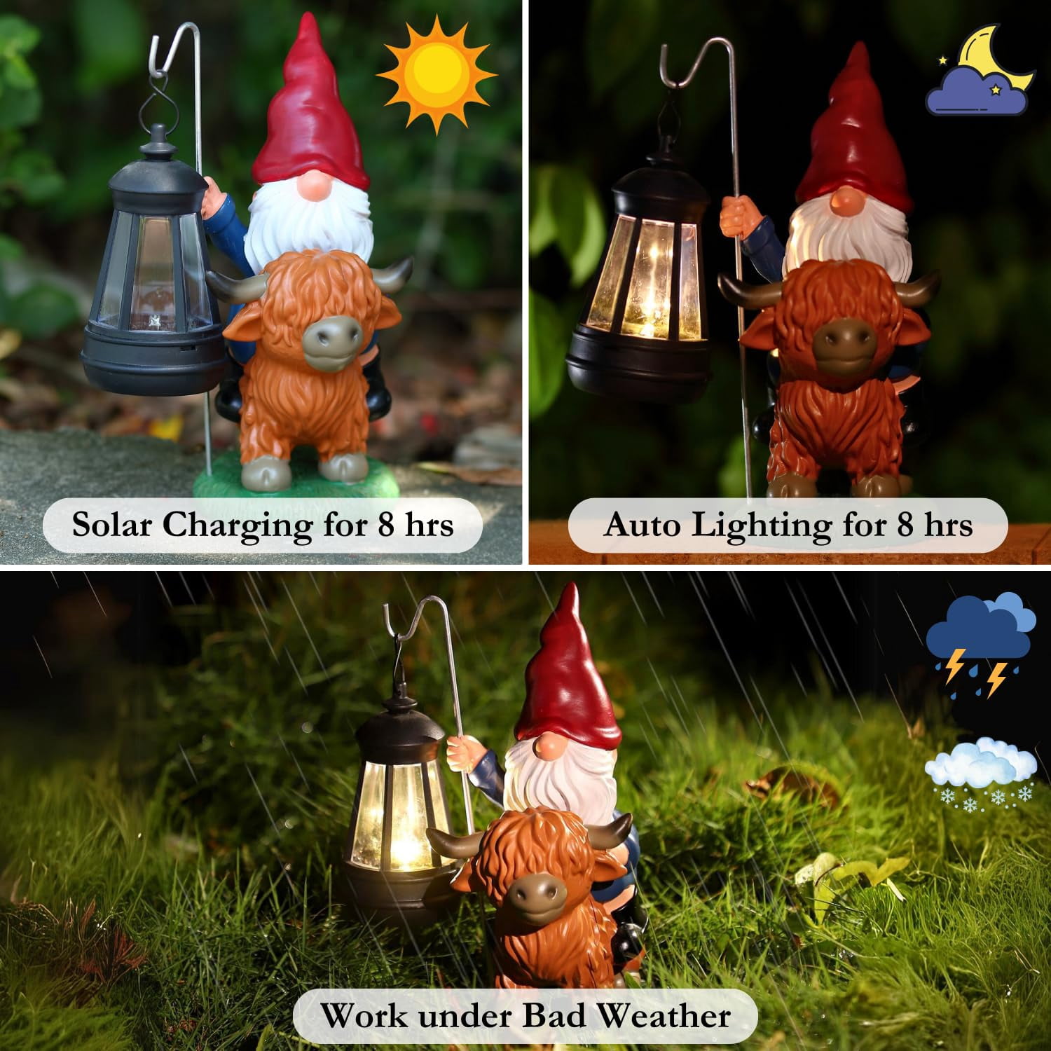 Garden Gnomes Outdoor, Highland Cow Decor, Gnomes Decorations for Yard, Gnomes Cow Decor for Outside, Gnome Garden Decor with Solar Lights, Outdoor Solar Garden Statues, Gnomes Gifts for Women