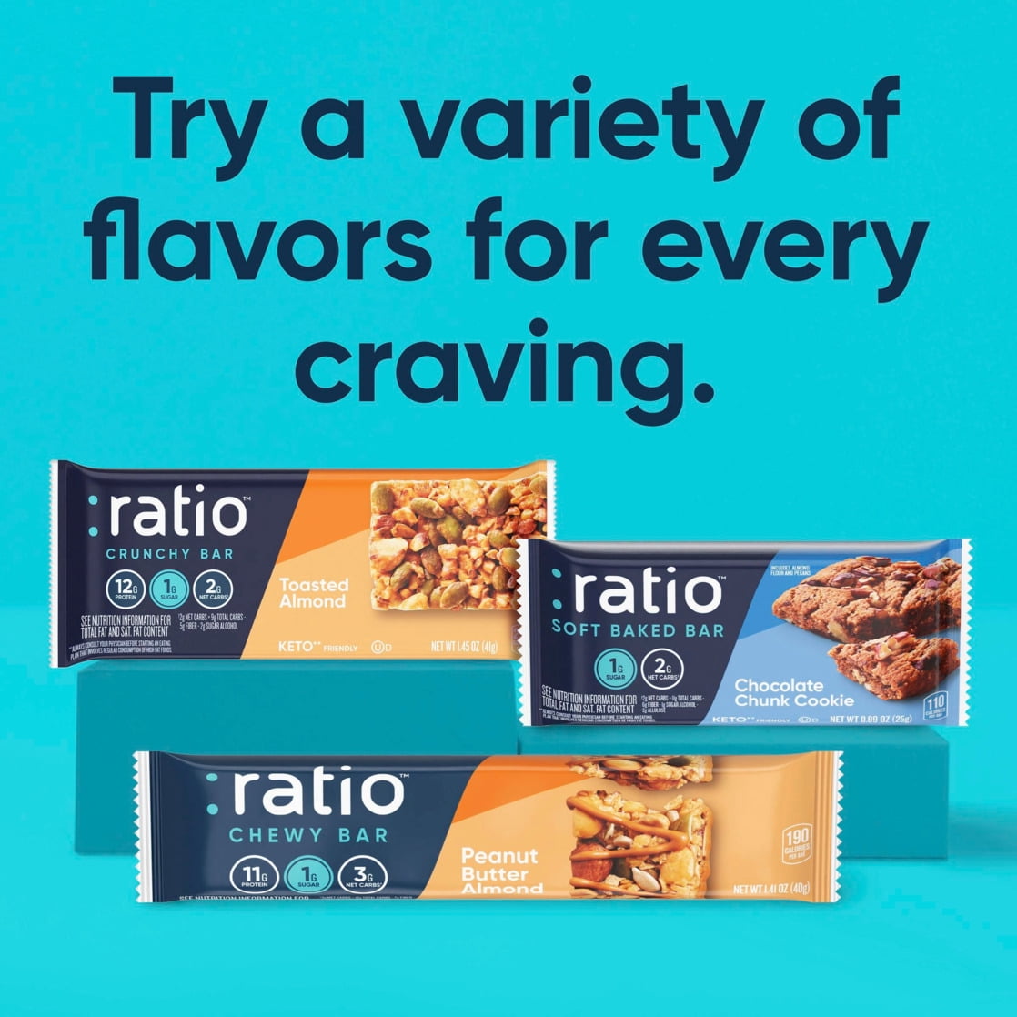 Ratio Soft Baked Bars, Chocolate Brownie, 1g Sugar, Keto Friendly, 5.34 oz (6 Bars)