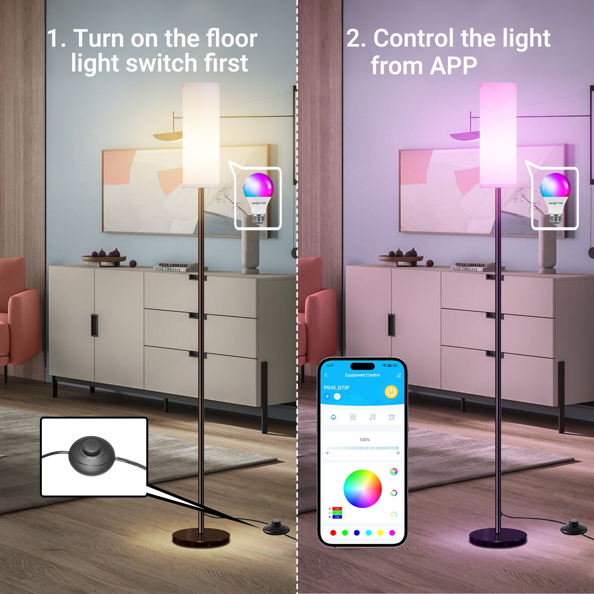 VOLIVO LED Floor Lamp, RGB Standing Lamps, Works with Alexa/Google Home, Stepless Dimming, for Living Room