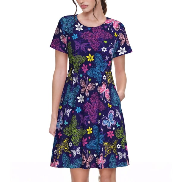 Disketp Colorful Butterflies para Vestido de Manga Corta para Mujeres, Vestidos de Verano para Mujeres, Casual y Holgado para la Playa