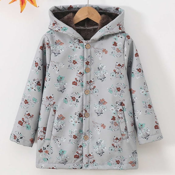 Letdown Kid's Girls Winter Lined Jacket with Floral Print Warm Long Sleeve Hooded Outwear Clothes with Pockets (Grey, 18-24 Months)