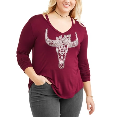 Junior Plus Graphic V-Neck Tee With Cutout Shoulder Detail