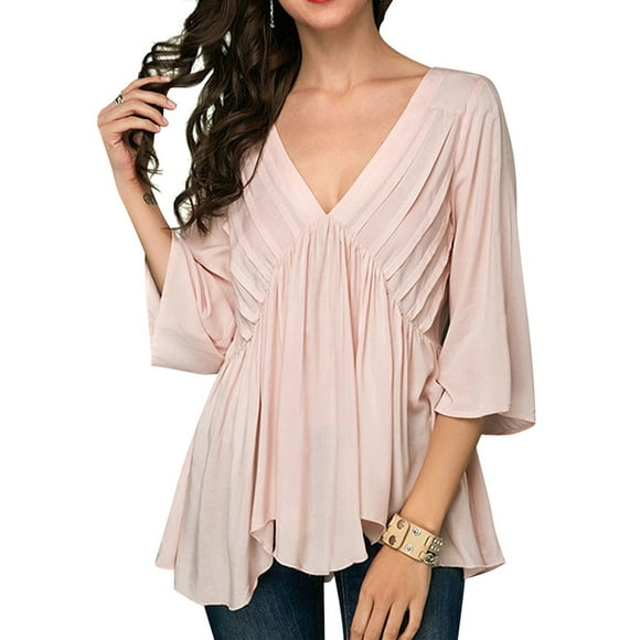Women V Neck Stripe Pleated 3/4 Sleeve Asymmetric Hem Blouse Top