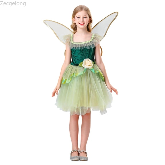 Zecgelong Fairy Dress with Wings Girls Party Performance Outfit Green 120
