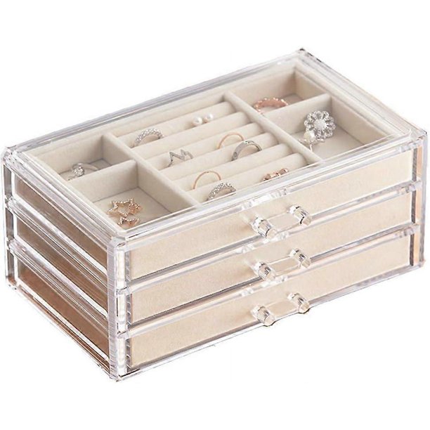 Acrylic Jewelry Organizer Box with 3 Drawers, Clear Jewelry Boxes for Women Earring Rings Bangle Bracelet and Necklace Holder Storage Velvet Jewelry D