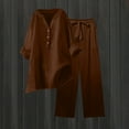 thumbnail image 5 of Feancey Linen Sets for Women 2 Piece Summer Outfits Henley V Neck Shirt and Long Pant Matching Set Solid Color Casual Travel Outfit Coffee 4XL, 5 of 10