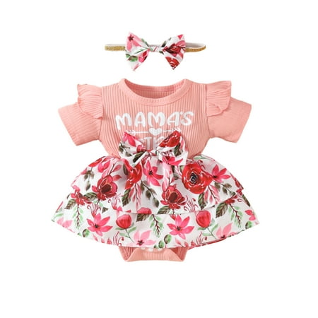 

Caitzr Newborn Baby Girl Mother s Day Outfit Short Sleeve Letters Flower Print Romper Dress Bow Headband Summer Clothes