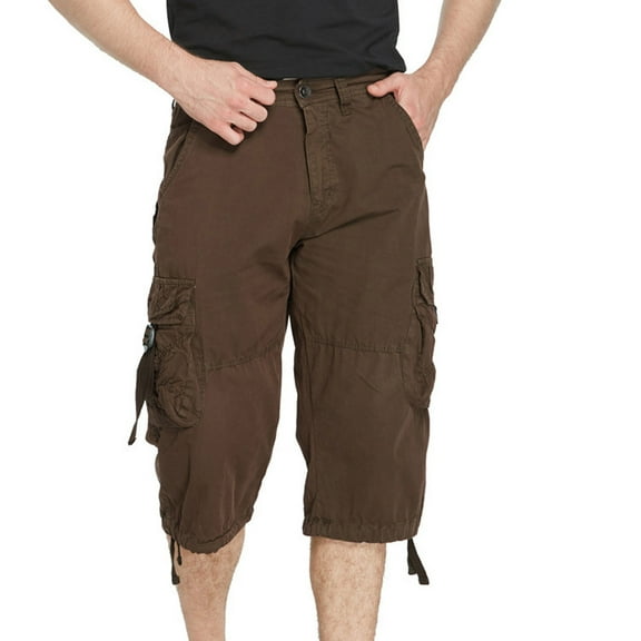 Fnnxeal Men’s Cargo Shorts 100% Cotton Multi-Pocket Loose Fit Capri Length Casual Utility Bottoms with Drawstring Hem Coffee,Size L