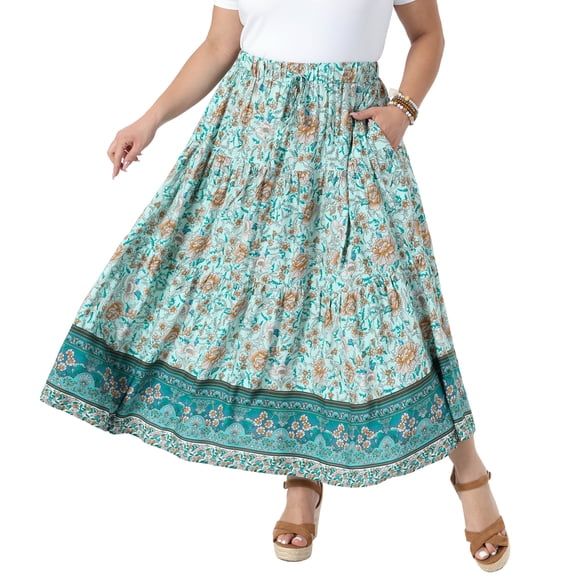 DARING DIVA Women's Plus Boho Maxi Skirt A-Line Tiered Long Skirts 1X Light Green