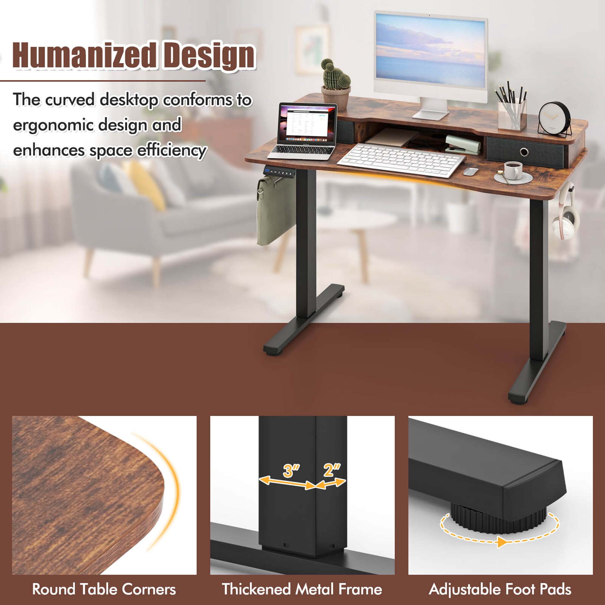Costway 48"x 24" Electric Standing Desk with 2 Drawers Monitor Stand Storage Shelf Brown