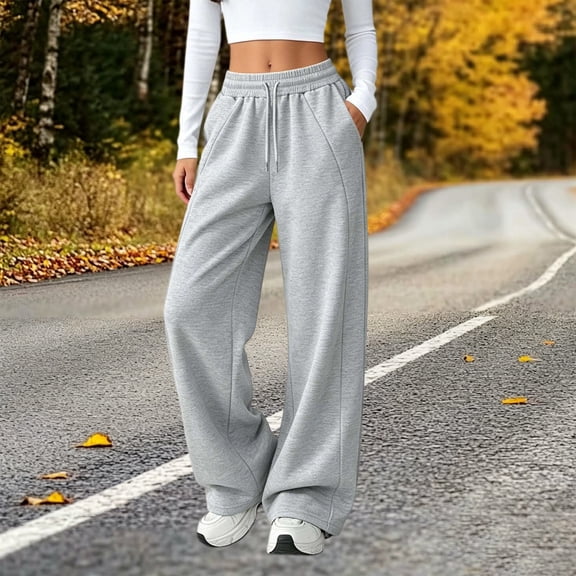 ABSUYY Gray Casual Wide Leg Sweatpants for Women Drawstring Lounge Pants with Pockets Baggy Loose Fit Athleisure,Size L