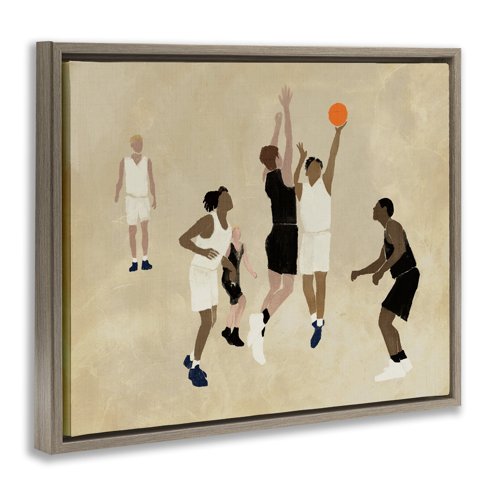 Stupell Industries Athletes Playing Basketball Sports Painting Brown Floater Framed Canvas Art Print Wall Art, 31 x 25