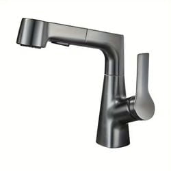 Liftable Pull Down Basin Faucet with 360 Degree Rotation Single Handle Bathroom Sink Faucet, Lead Free Brass, 2 Flow Modes, Dark Gray