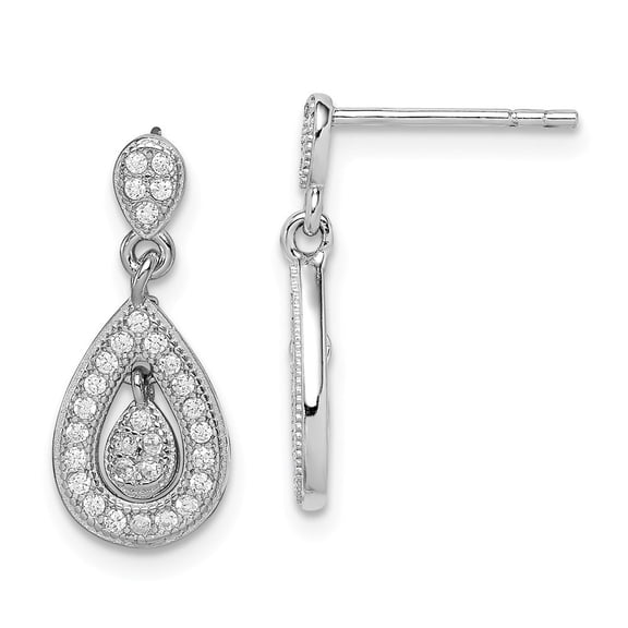 Sterling Silver Cubic Zirconia Pave Double Pear Dangle Post Earrings - Measures 18x8mm Wide