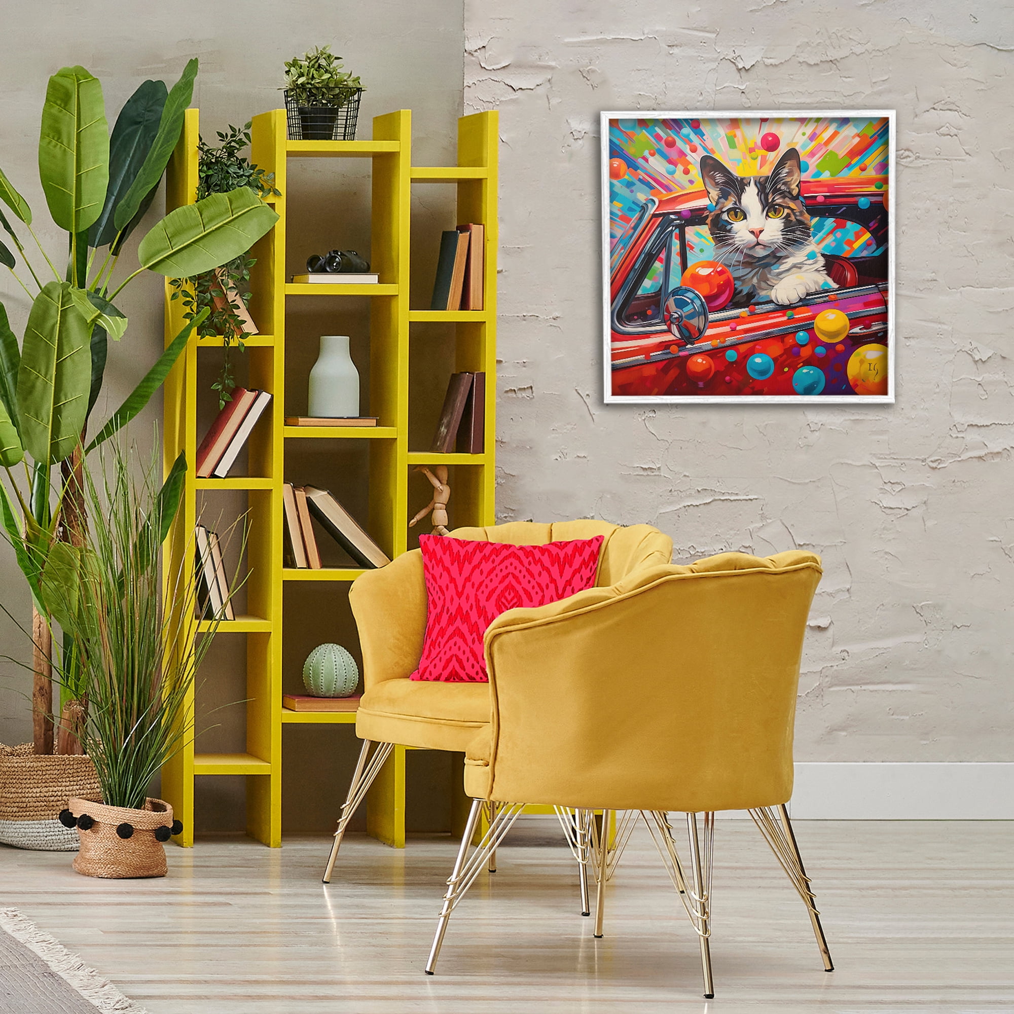 Stupell Industries Driving Cat with Bold Pattern Animals & Insects Painting White Framed Art Print Wall Art, 24 x 24