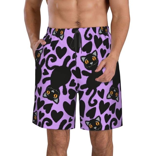 Balery Cartoon Black Cats Traje de Baño Estilo Hawaiano para Hombre, Shorts de Secado Rápido con Bolsillos-3X-Large