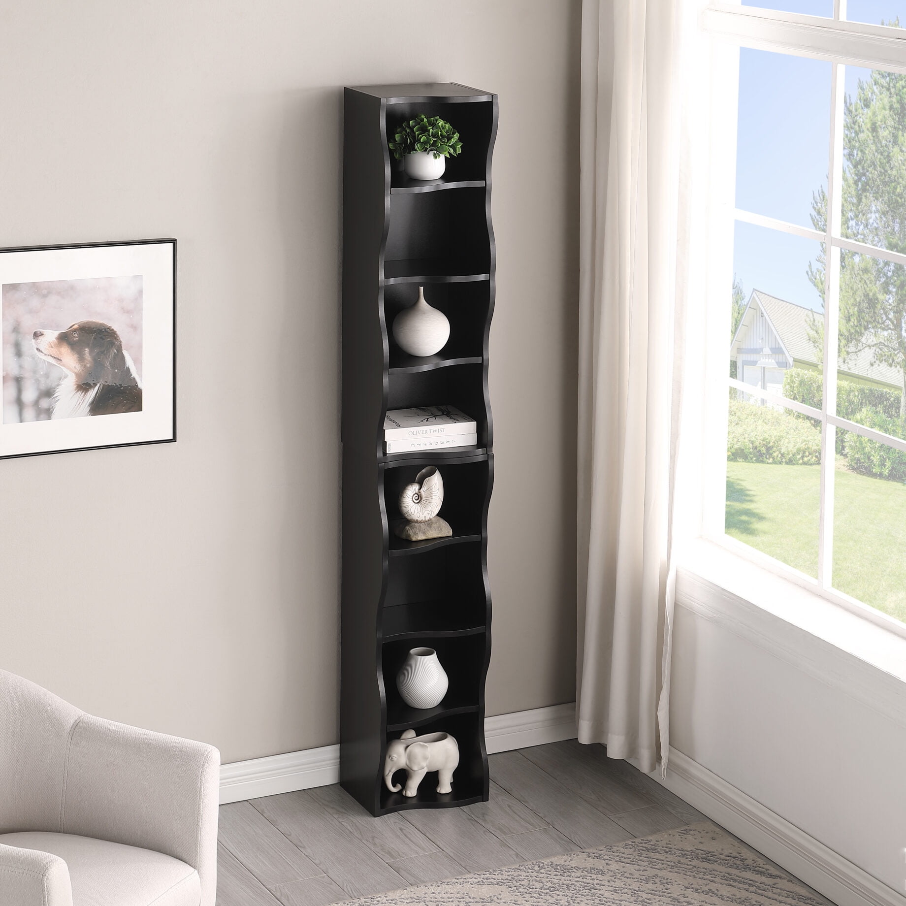 70" Tall Narrow Bookshelf, 8-Tier Cube Display Rack, Modern Wavy Border Design Corner Bookshelf with Adjustable Shelf, CD Storage Cabinet for Home Office, Black