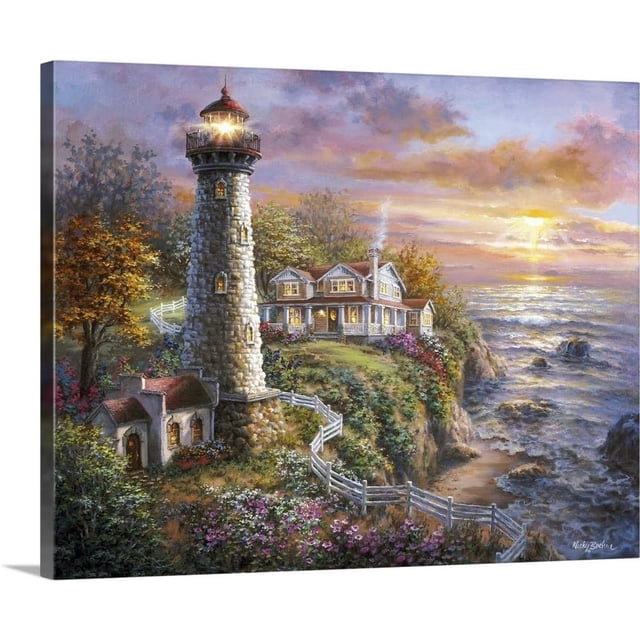 Cuadro decorativo lienzo faro luminoso sobre rocas olas al atardecer casa de campo junto al mar, lienzo costero en tela canvas horizontal