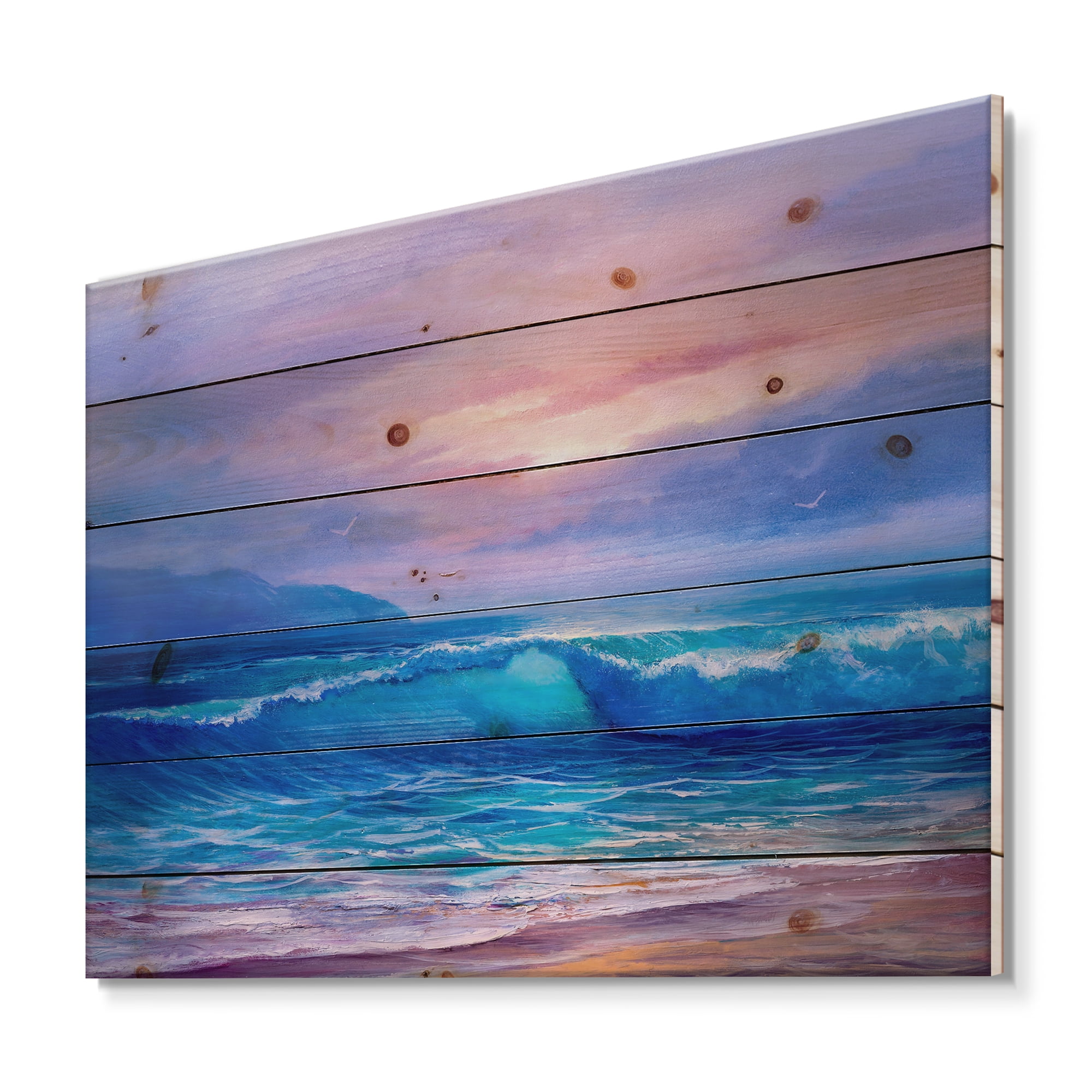 Designart 'The Sea By The Beach With Golden Sunset' Nautical & Coastal Print on Natural Pine Wood
