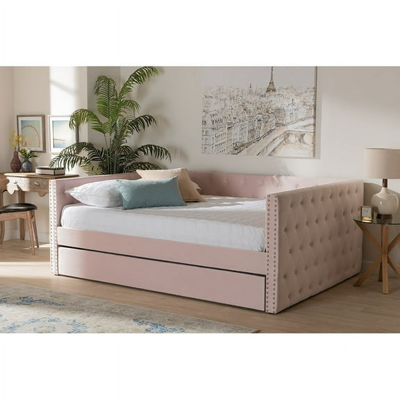 Baxton Studio Larkin Modern and Contemporary Pink Velvet Fabric Upholstered Full Size Daybed with Trundle