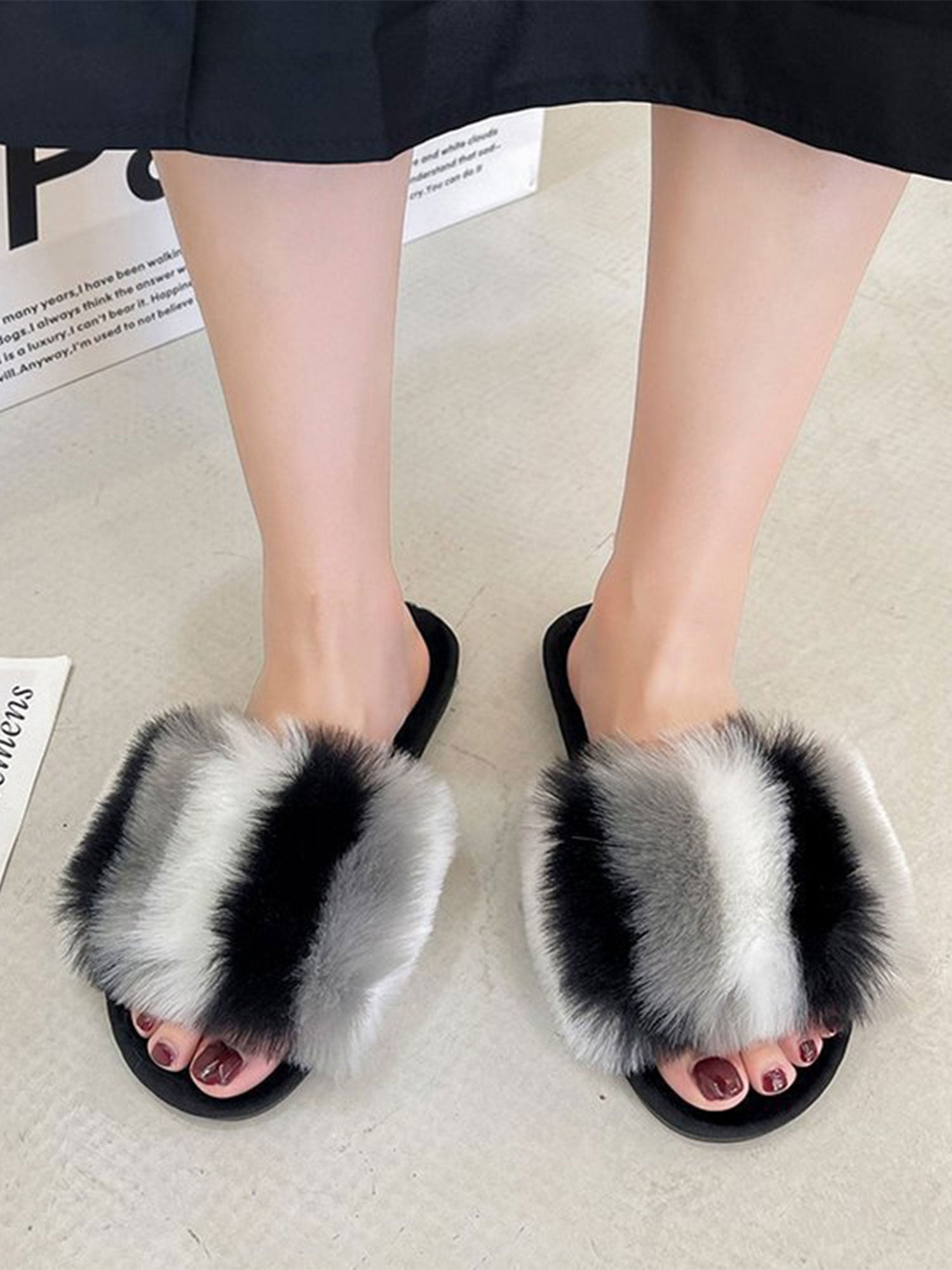 Women Ladies Fluffy Fur Summer Sliders Slippers Flat Sandals Shoes