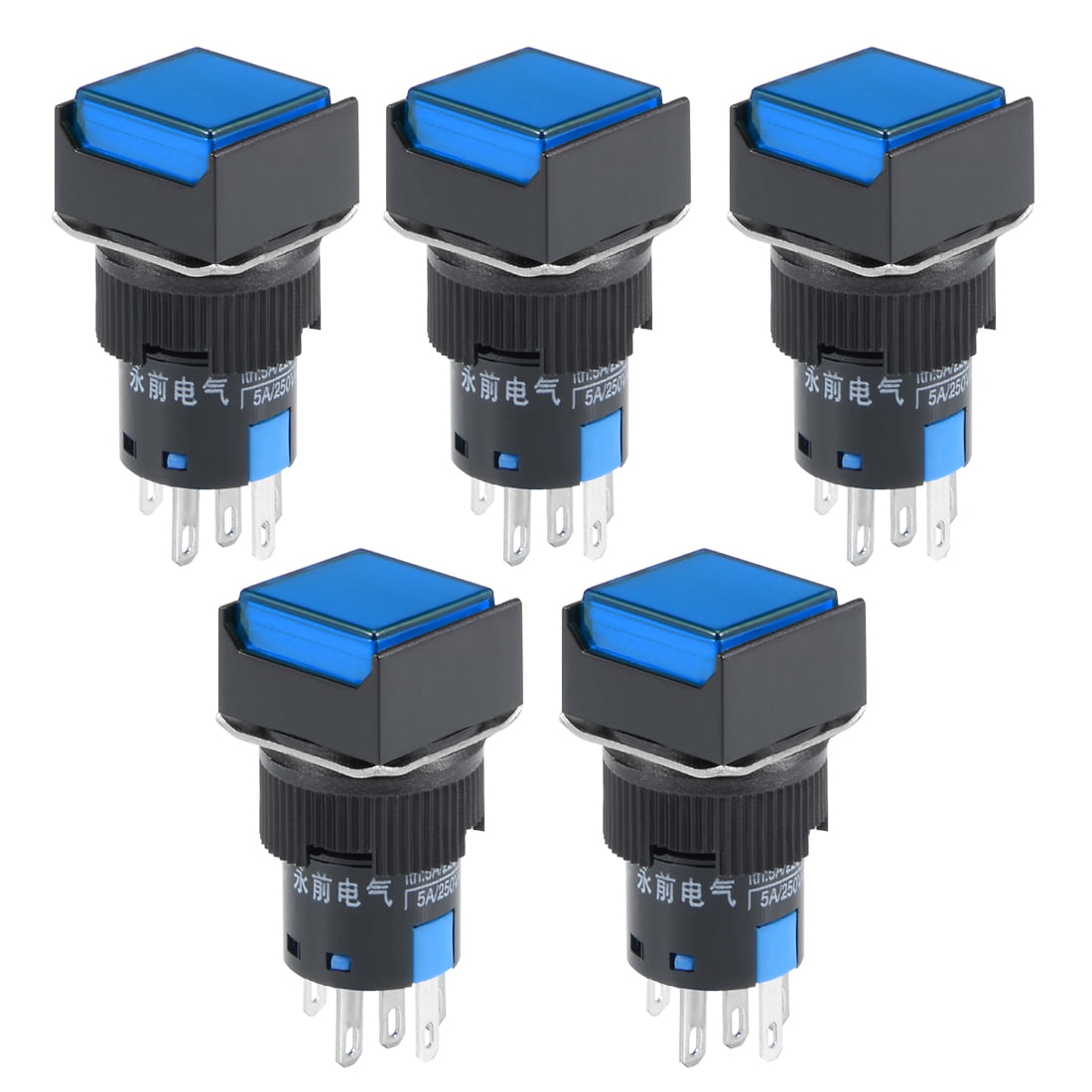 5 Pcs 16mm Momentary Push Button Switch Blue Light Square Button 1 NO 1