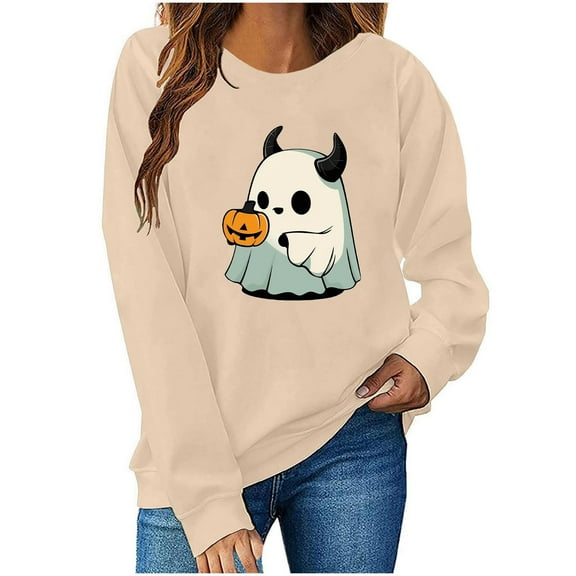 Halloween Women Sweatshirts Crewneck Pullover Fall Winter Long Sleeve Sweaters Ghost Printed Shirts Casual Blouses Loose Fitting Sweatshirt Top Halloween Costumes