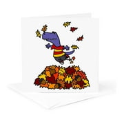 3dRose, Cute Funny T-rex Dinosaur Jumping in Leaf Pile Cartoon, 1 Greeting Card with envelope