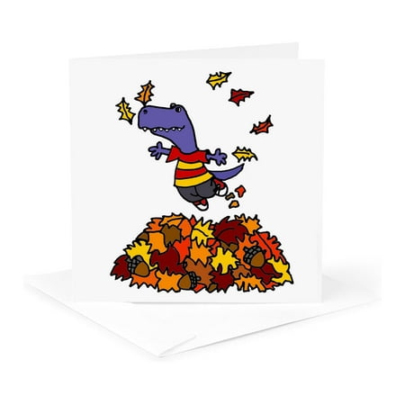 3dRose, Cute Funny T-rex Dinosaur Jumping in Leaf Pile Cartoon, 1 Greeting Card with envelope