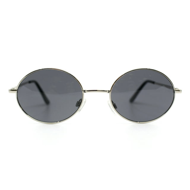 Classic Small Oval Spring Hinge Metal Rim Sunglasses Silver Black