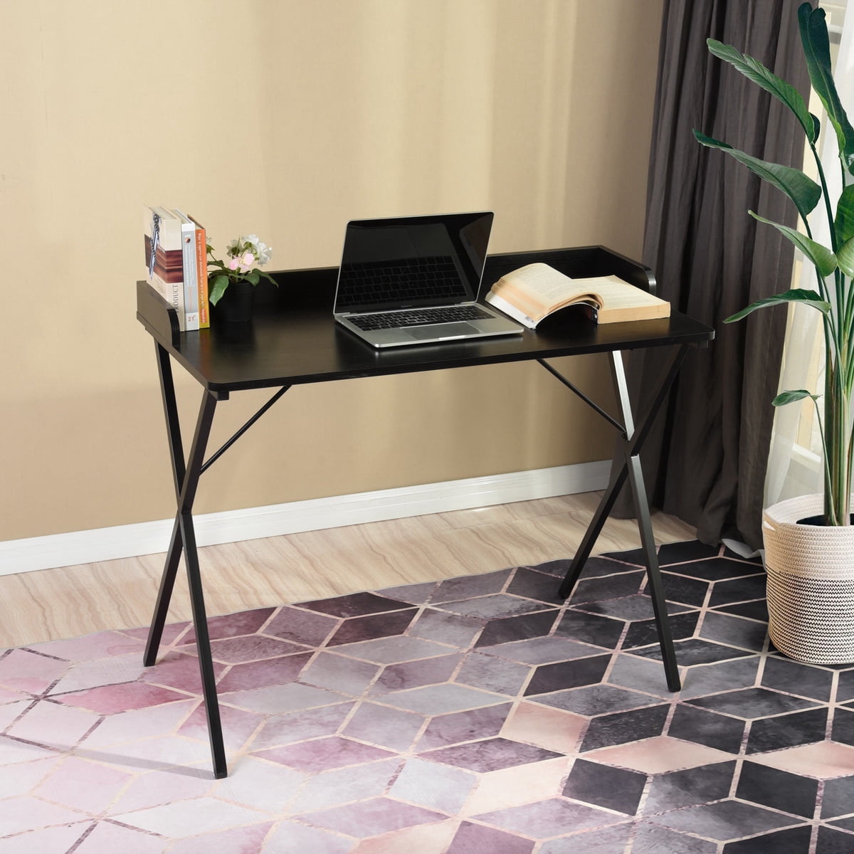 Computer Desk, X-Shaped Metal Legs Gaming Desk with Pegboard & Raised Baffle, Glossy MDF Workstation for Home Office Study