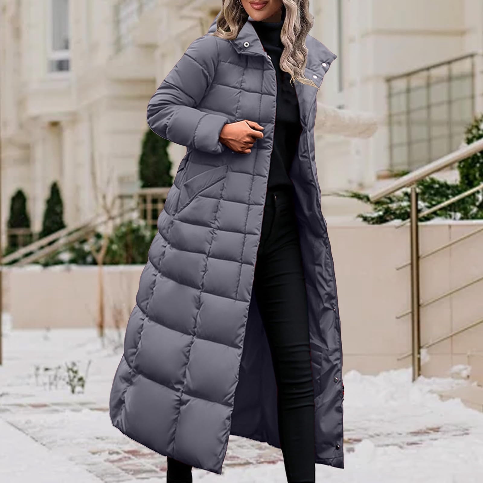 XPMWRP Women's Quilted Hooded Puffer Jacket Long Sleeve Solid Color Long Coat Winter Warm Thick Zipper Jacket with Pockets Gray M