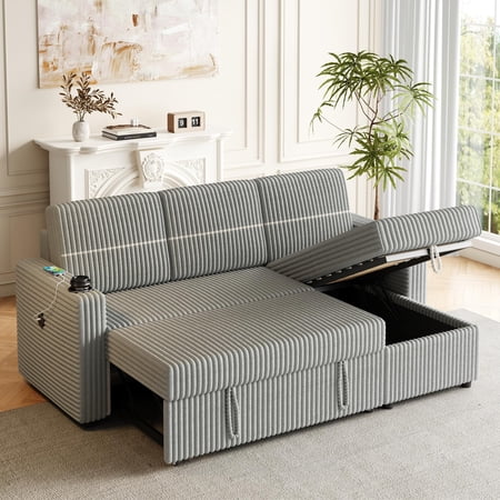 Aukfa Sectional Sofa Couch, 85" Pull Out Sleeper Sofa Bed with Storage Chaise&USB Charging, Corduroy, Gray