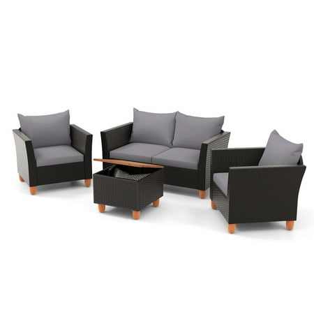 Costway 4 PCS Wicker Patio Furniture Set with Removable Cushions Storage Coffee Table - Gray,Black