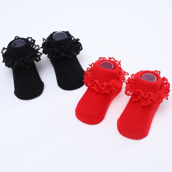 2 Pairs Baby Cotton Socks Lace Ruffle Frilly Socks Non Slip Girls Boys Ankle Socks for 0-3 Years Infant and Toddlers