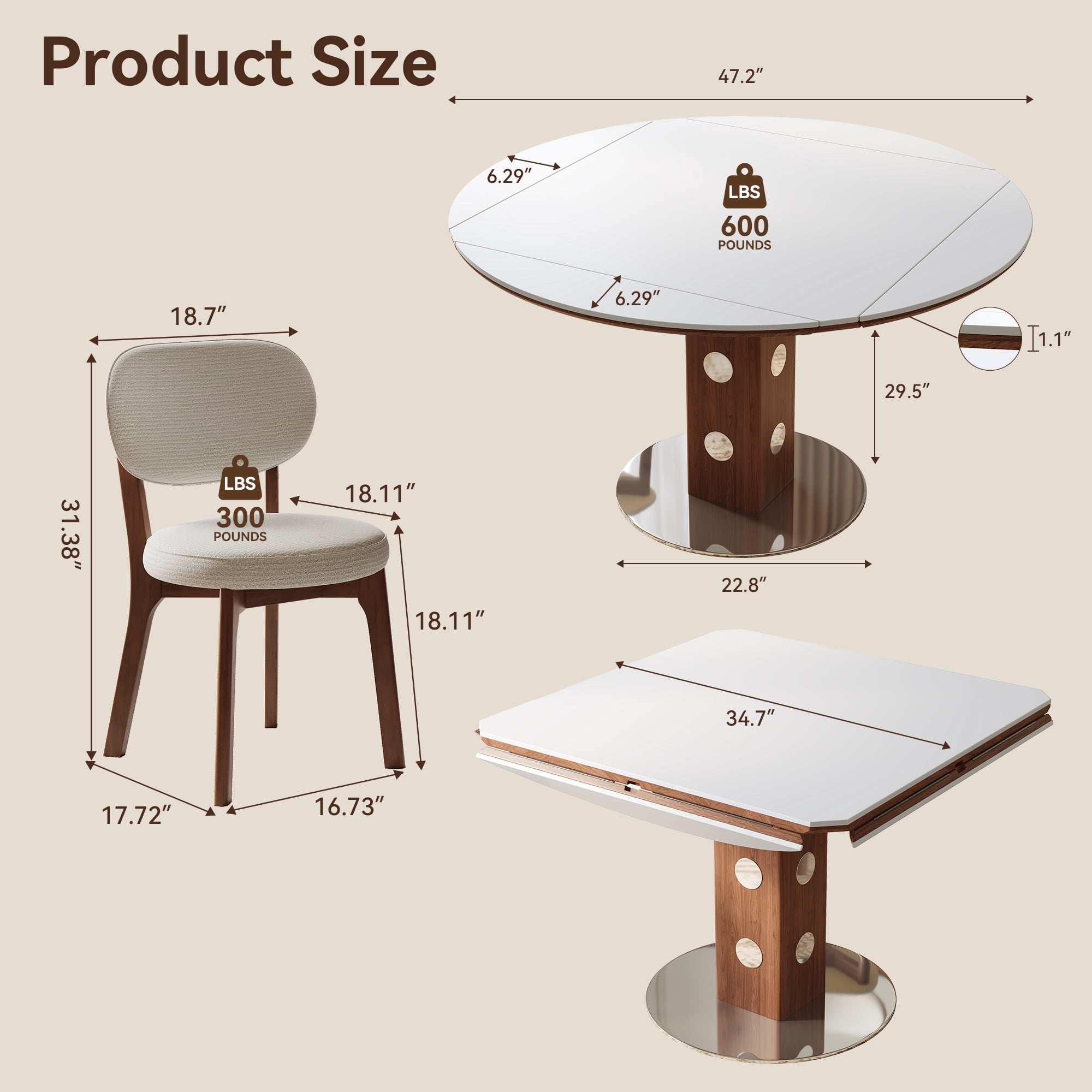 7 Piece Dining Table Set for 6, 47.2" Round Sintered Stone Table with Drop Leaf and 6 Upholstered Chairs