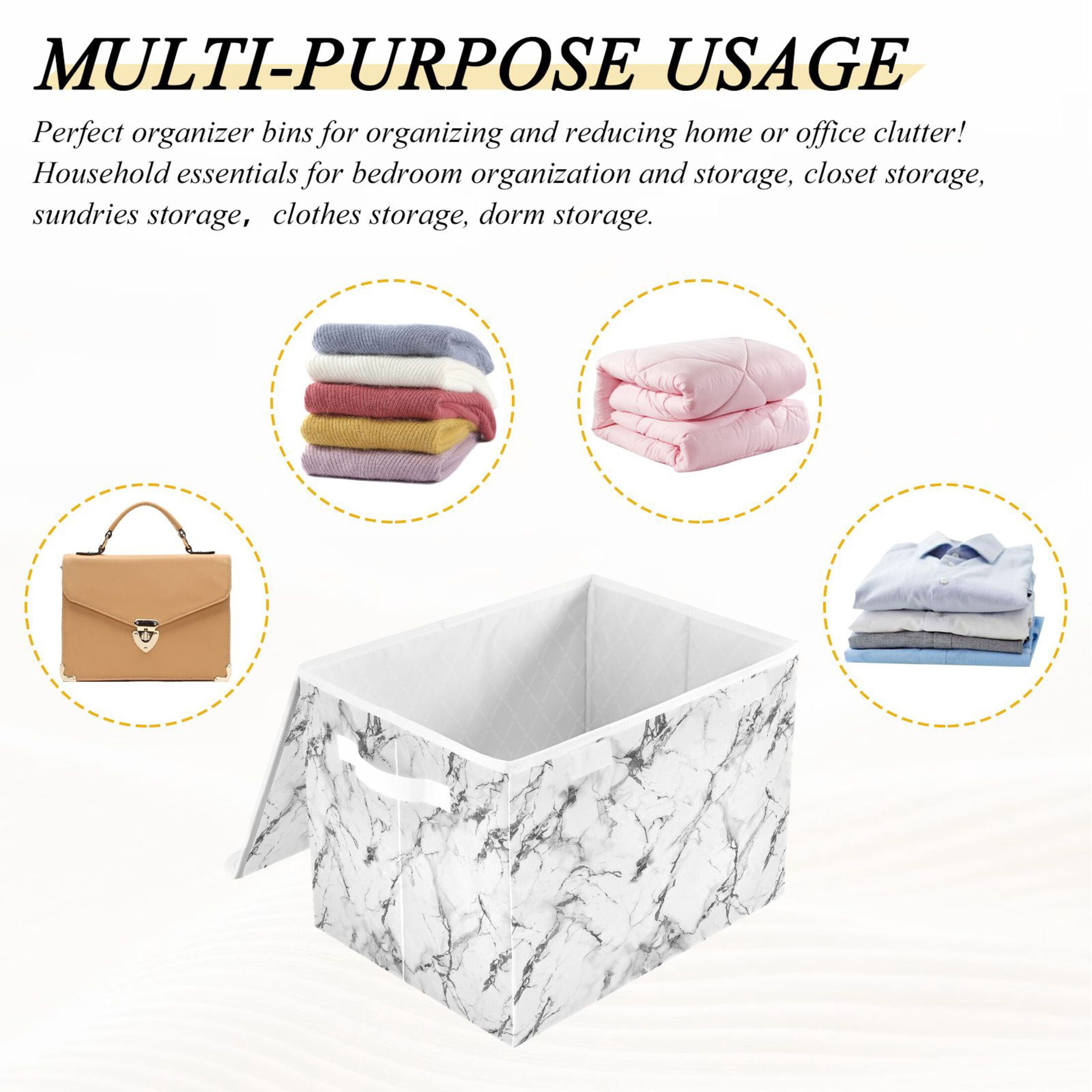 Ryvnso White Marble Large Lidded Foldable Storage Baskets Cubes Boxes Lids Bin for Home