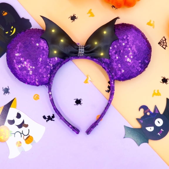 PinkSheep LED Light up Halloween Bat Mouse Ears Headband Glitter Hairbows Hair Accessories Costume for Women Party Dress up