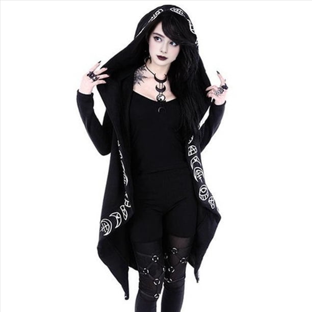Sudadera con Capucha de Larga y Cremallera para Mujer, Chaqueta Lunar, Sudaderas Largas, Grandes, Ropa Gótica Y2k. Negro XL