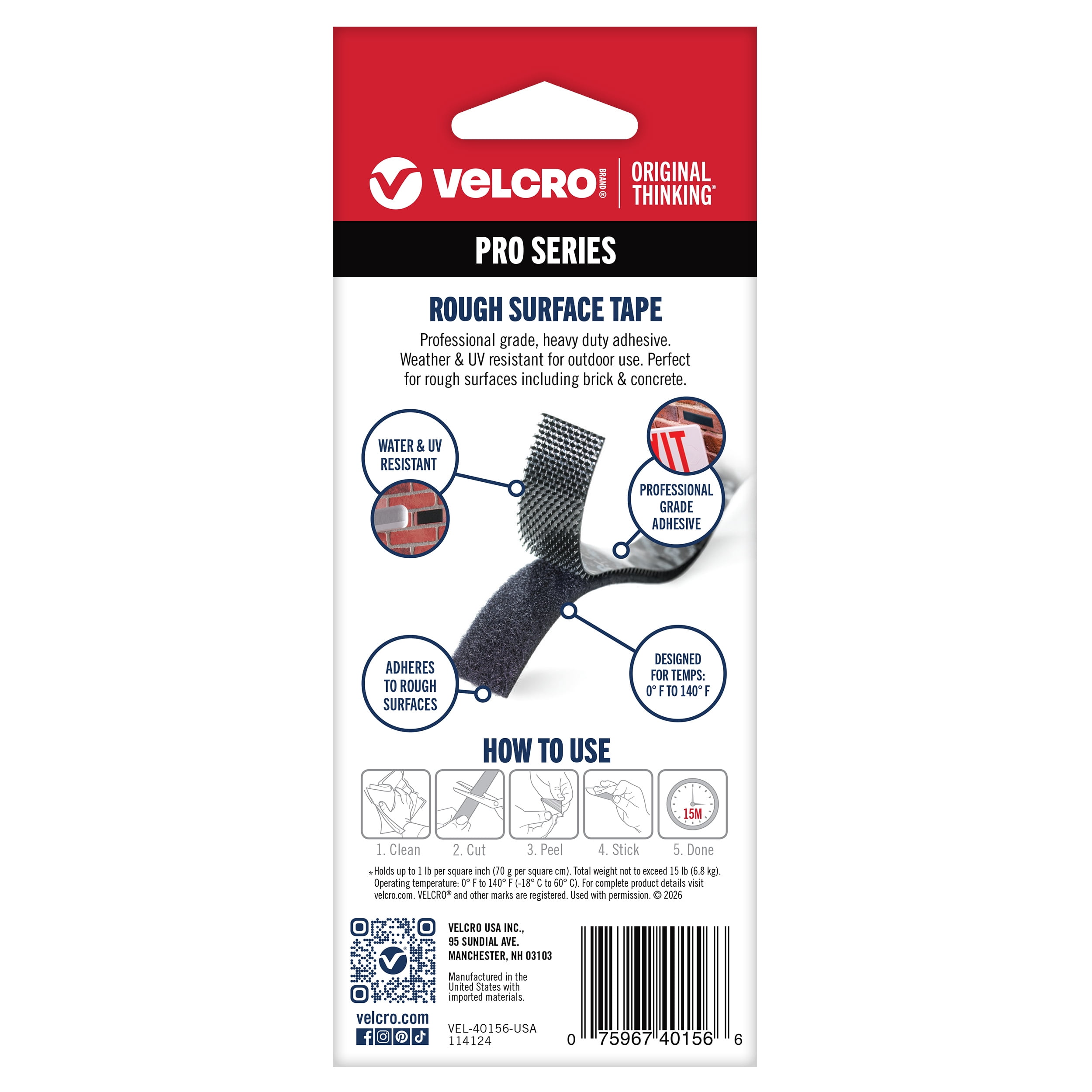 VELCRO® Brand PRO Series Rough Surface, Holds up to 15 Pounds on Brick, 36in x 1 1/2in Tape Black