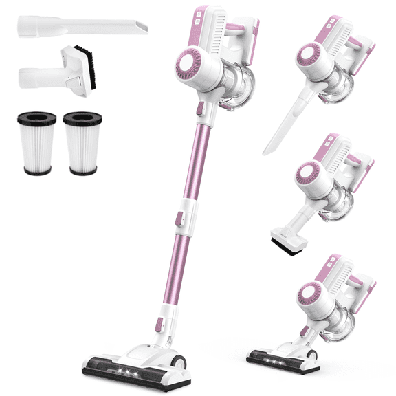 MOOSOO Stick Vacuum Cleaner, 30Kpa Powerful Suction Cordless Vacuum with Headlight Motorized Brush, Self-Standing for Hard Floor, Carpet Pet Hair, Pink
