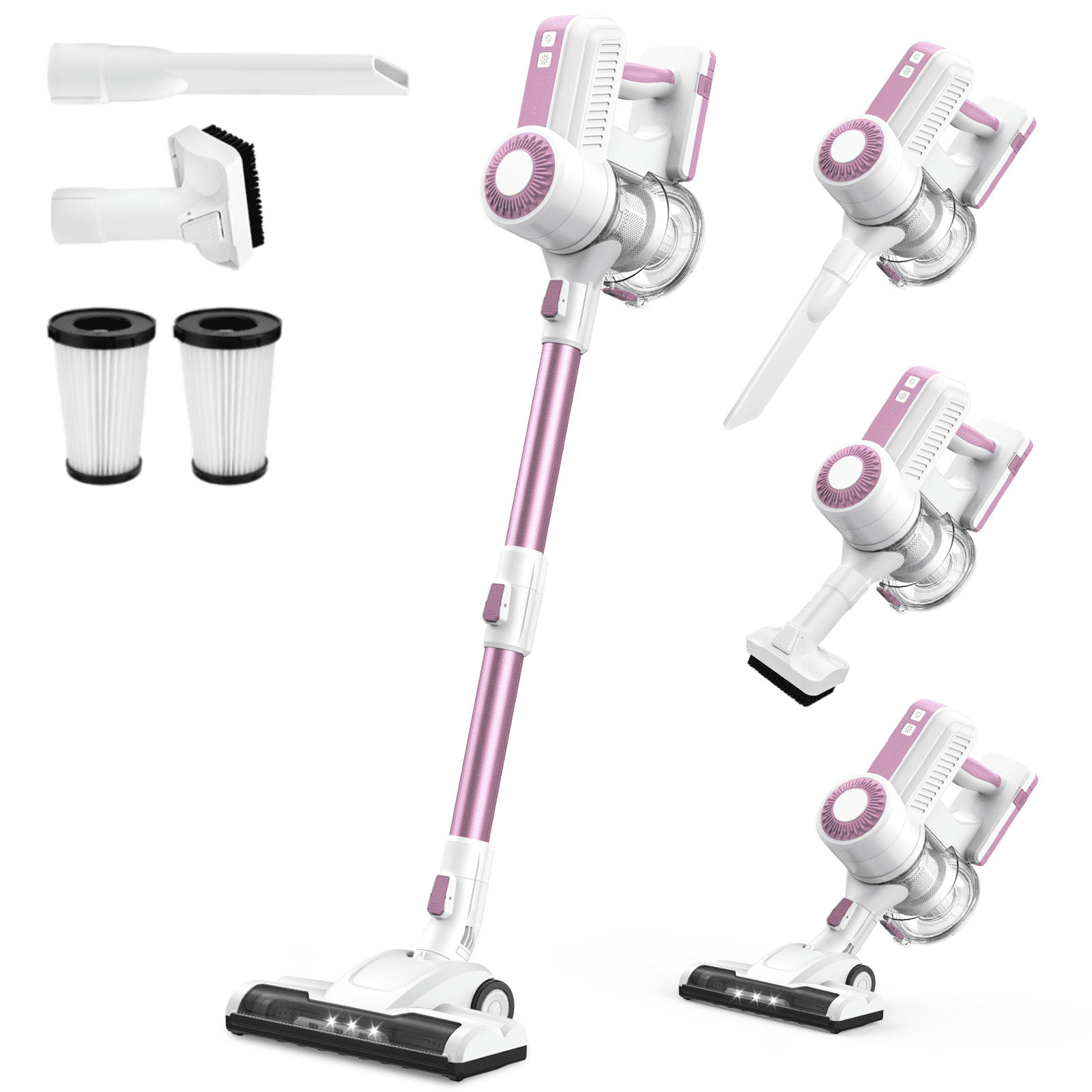 MOOSOO Stick Vacuum Cleaner, 30Kpa Powerful Suction Cordless Vacuum with Headlight Motorized Brush, Self-Standing for Hard Floor, Carpet Pet Hair, Pink